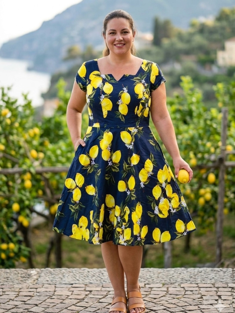 Girstunm dress retro 50s with lemons - XL size, elastic cotton